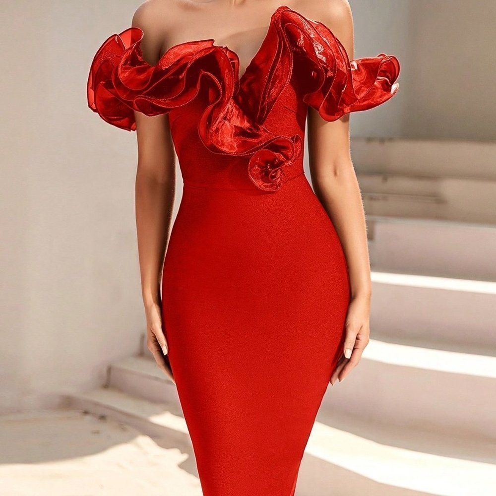 Red Preppy Womens Off Shoulder Exaggerated Ruffle Trim Bodycon Dress - Picture 2 of 5
